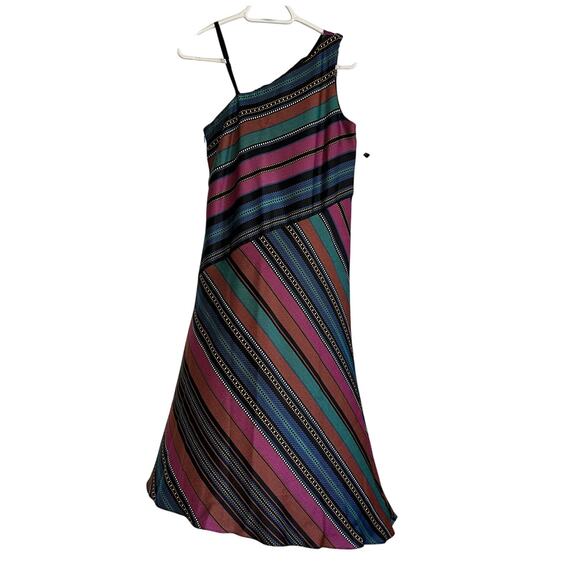 Maggy London One-Shoulder Midi Dress Sz 4 – Striped Colorful Cocktail Dress NWOT - Picture 1 of 10